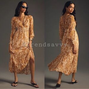 ANTHROPOLOGIE The Odetta Ruffled V Neck Smocked Maxi Dress Long Sleeves S NWT